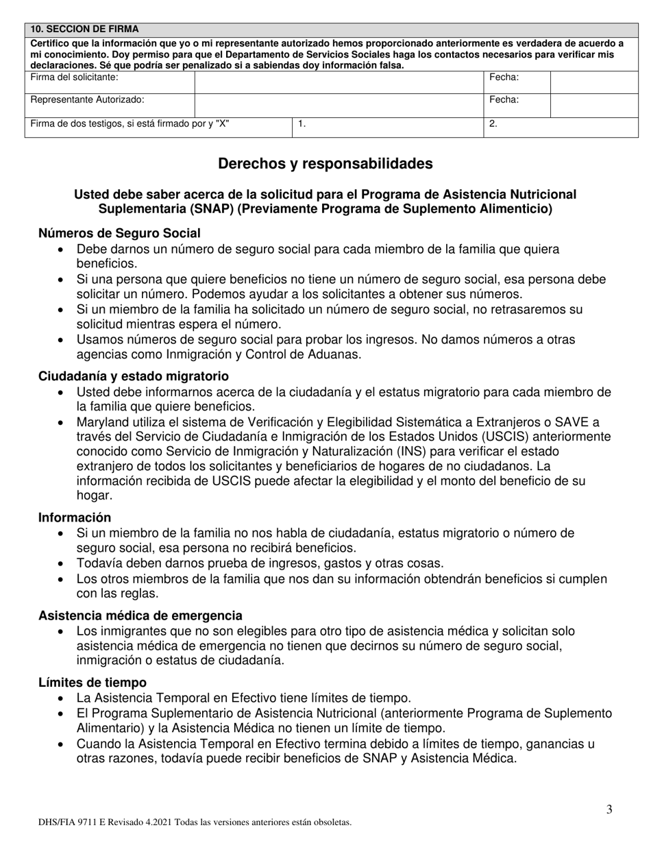 Formulario DHS / FIA9711 E Proyecto De Solicitud Simplificada Para Ancianos - Maryland (Spanish), Page 3