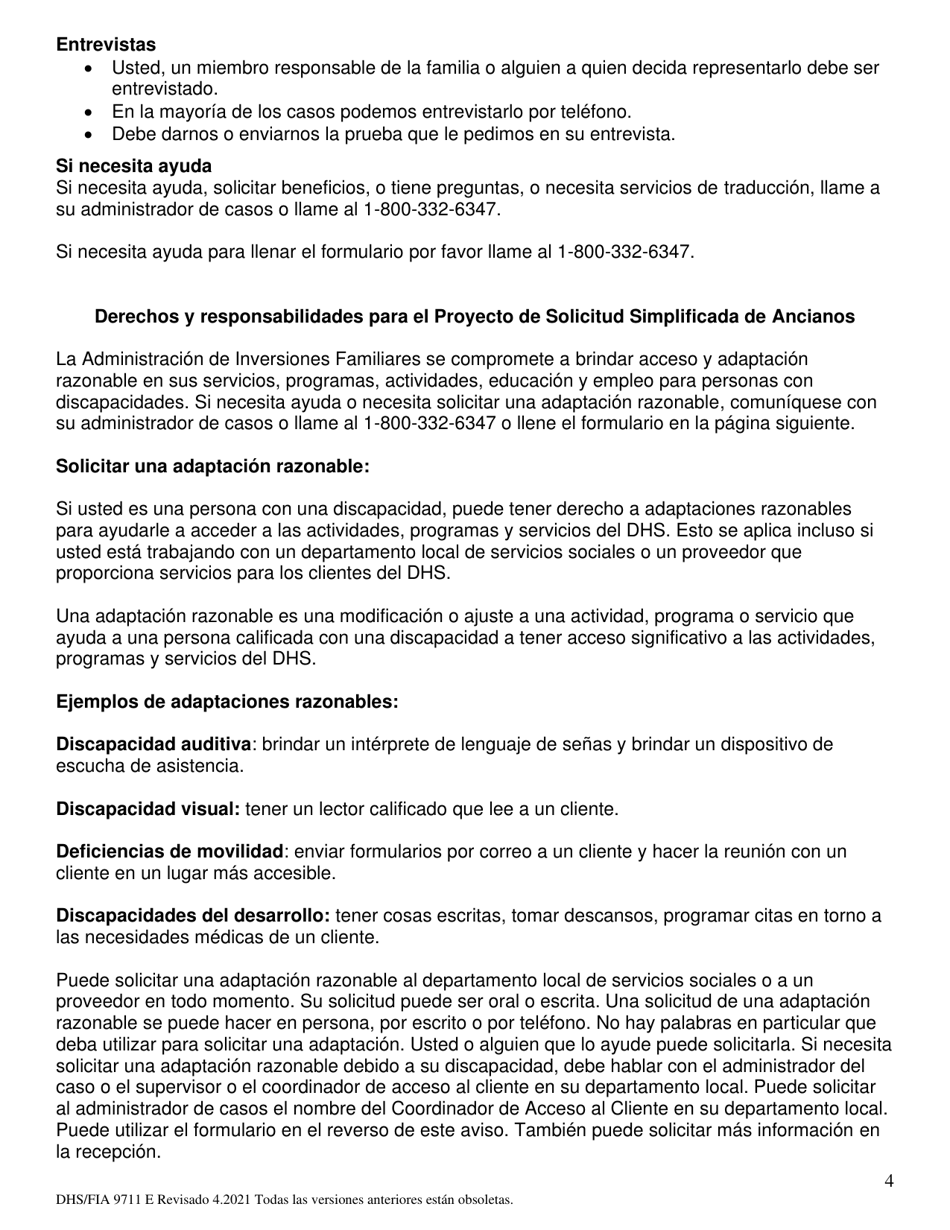 Formulario DHS / FIA9711 E Proyecto De Solicitud Simplificada Para Ancianos - Maryland (Spanish), Page 4