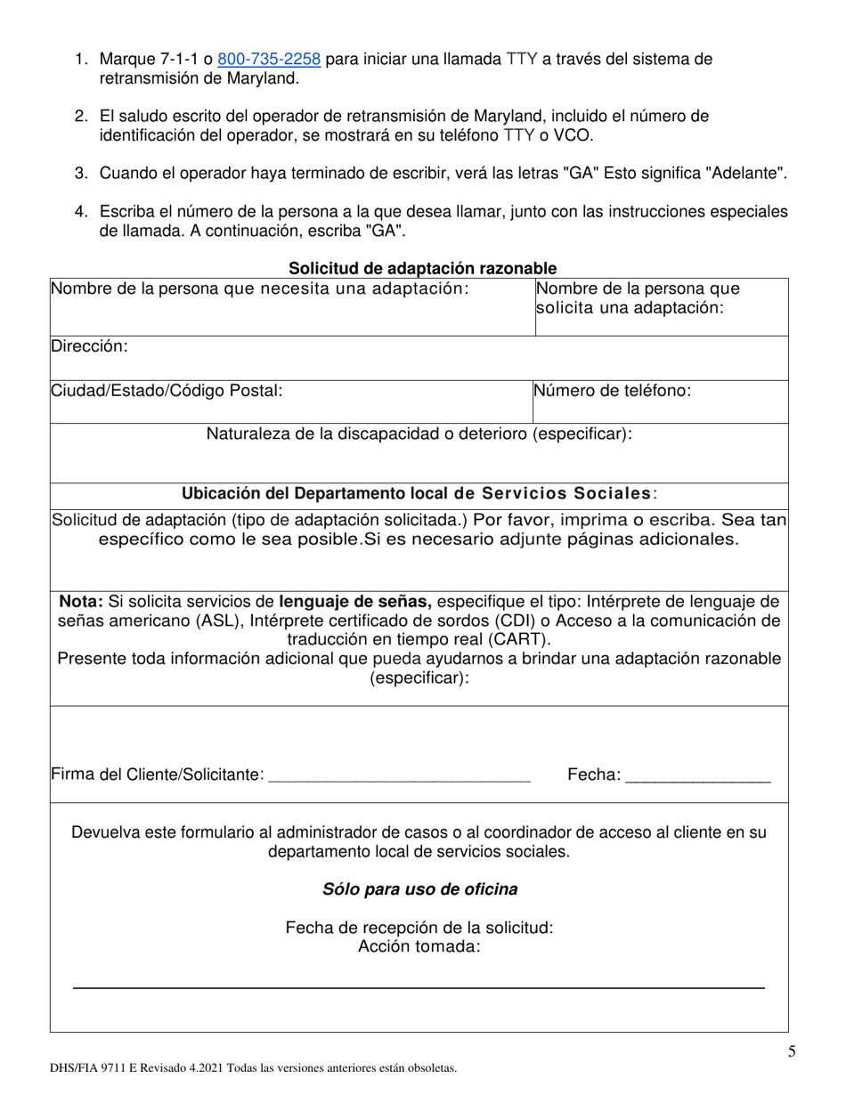 Formulario DHS / FIA9711 E Proyecto De Solicitud Simplificada Para Ancianos - Maryland (Spanish), Page 5