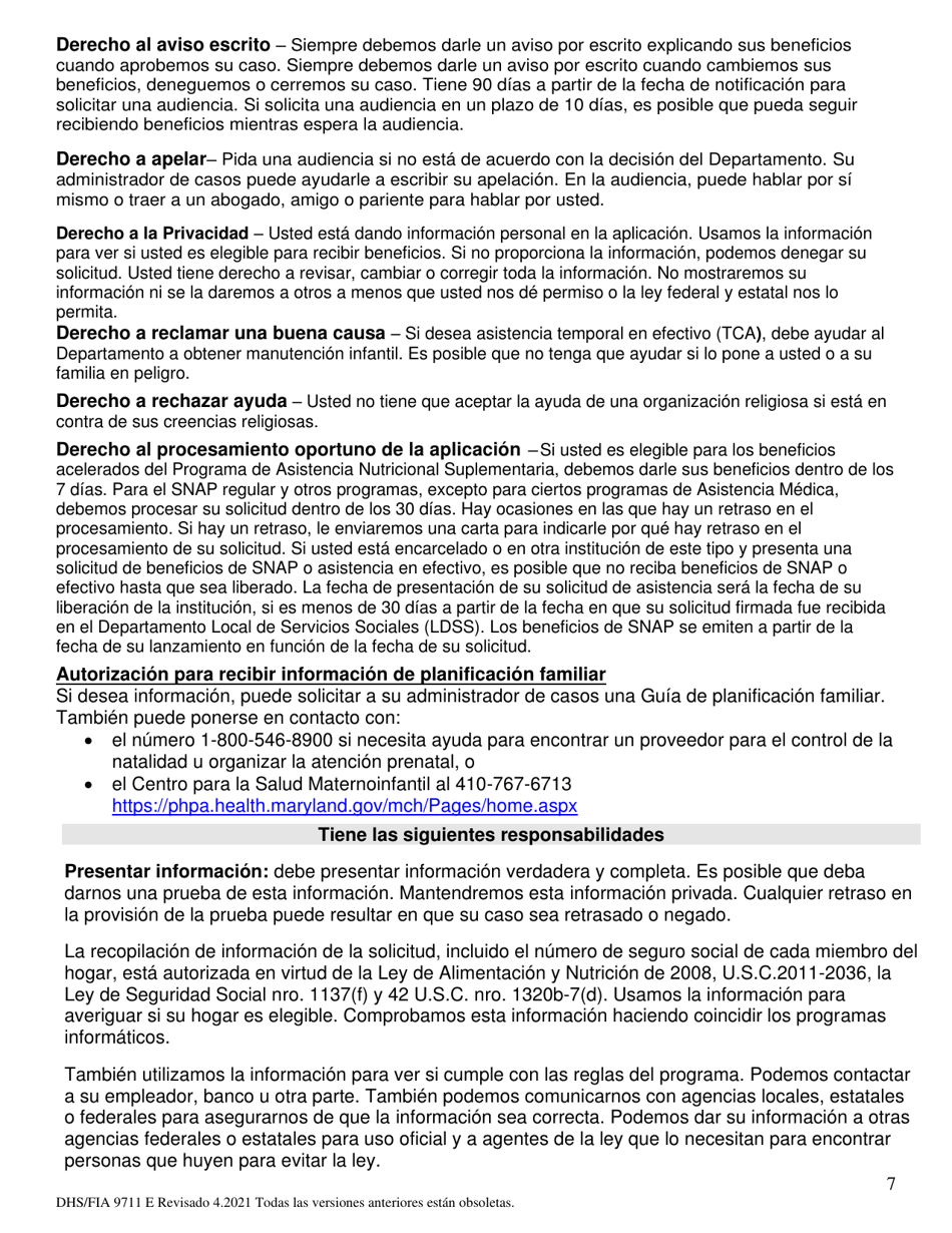 Formulario DHS / FIA9711 E Proyecto De Solicitud Simplificada Para Ancianos - Maryland (Spanish), Page 7