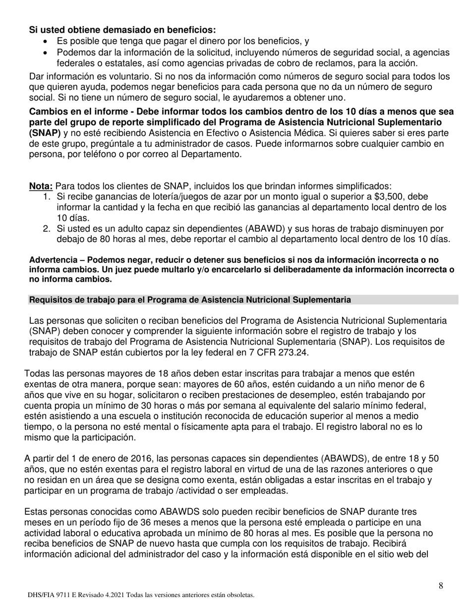 Formulario DHS / FIA9711 E Proyecto De Solicitud Simplificada Para Ancianos - Maryland (Spanish), Page 8