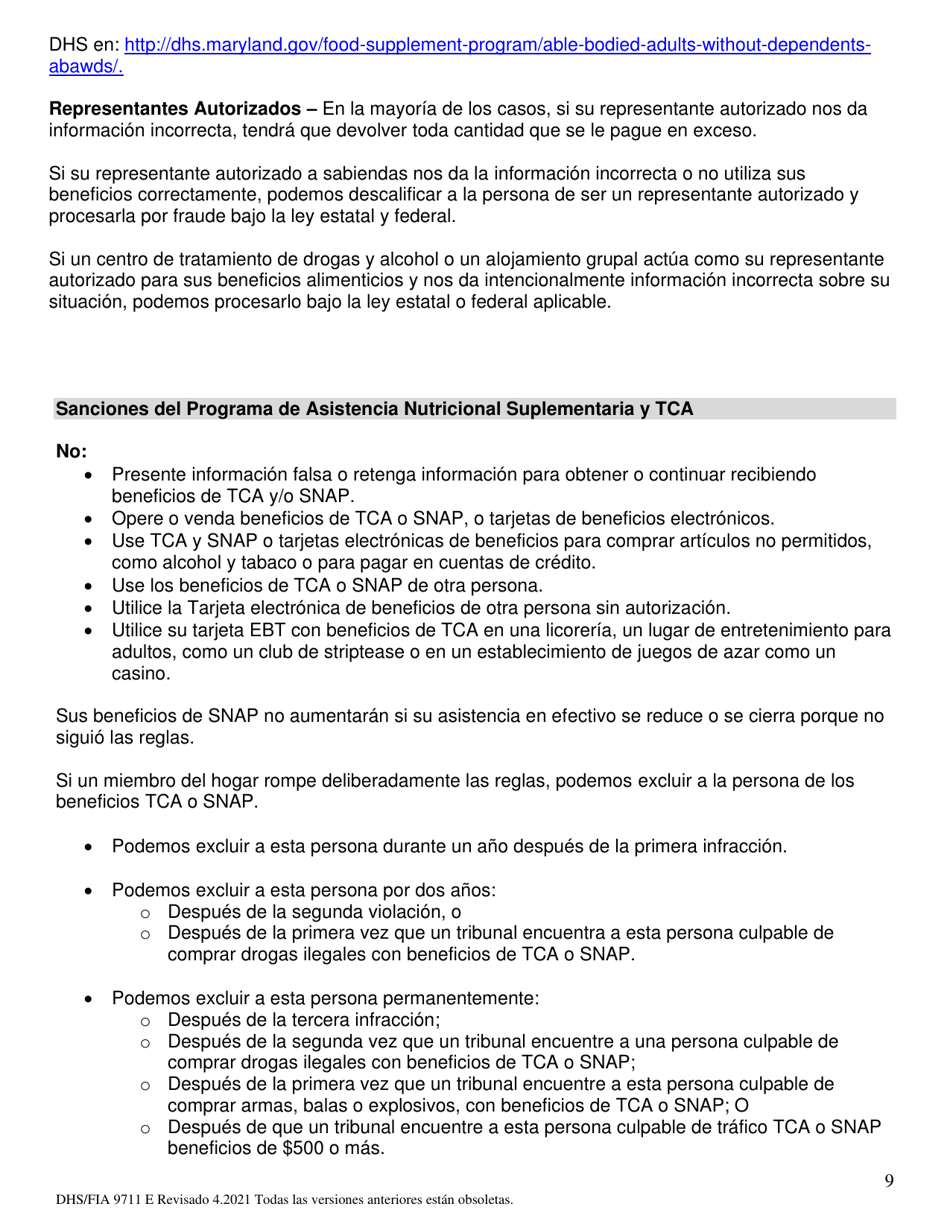 Formulario DHS / FIA9711 E Proyecto De Solicitud Simplificada Para Ancianos - Maryland (Spanish), Page 9