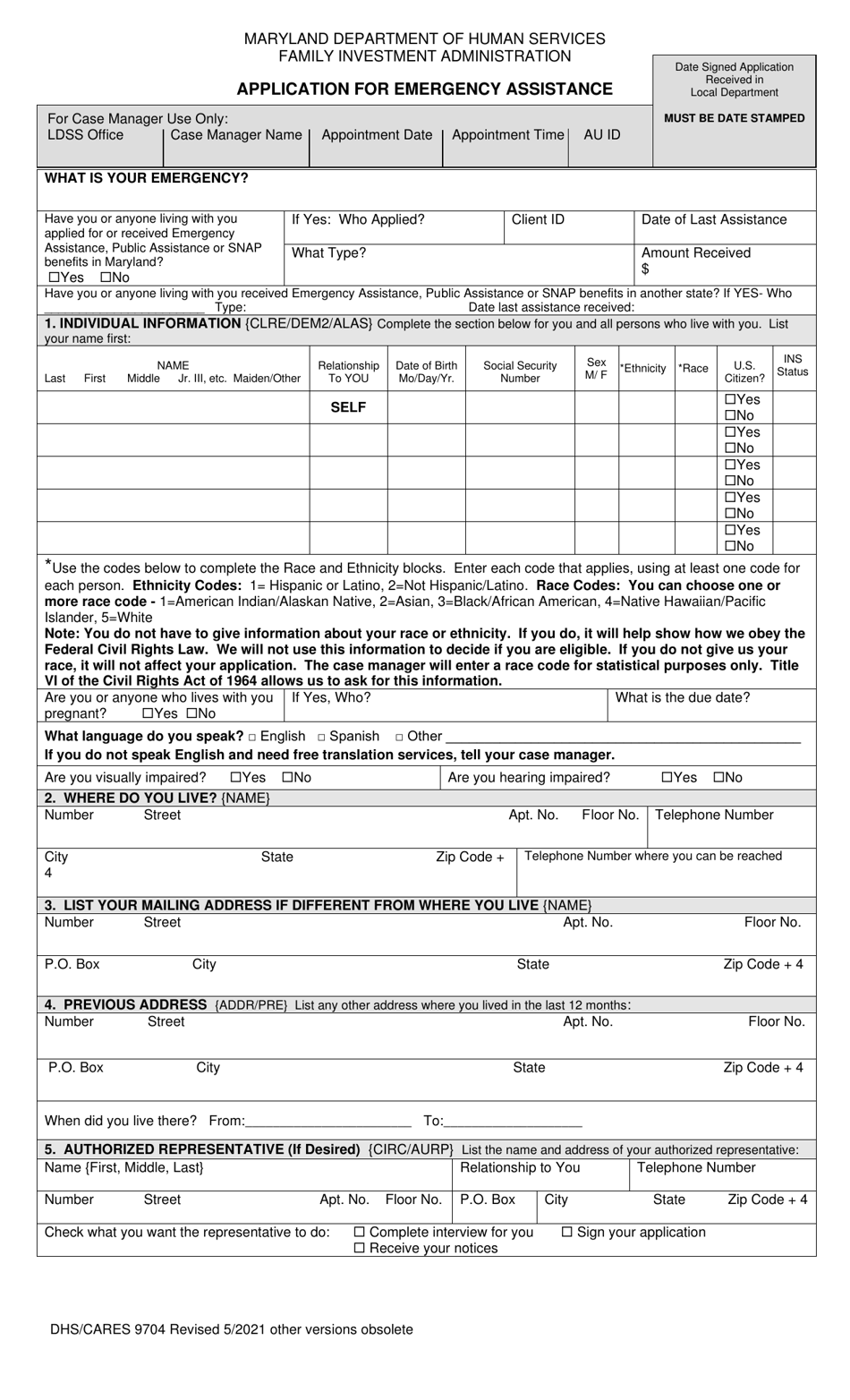 Form DHS / CARES9704 Application for Emergency Assistance - Maryland, Page 1