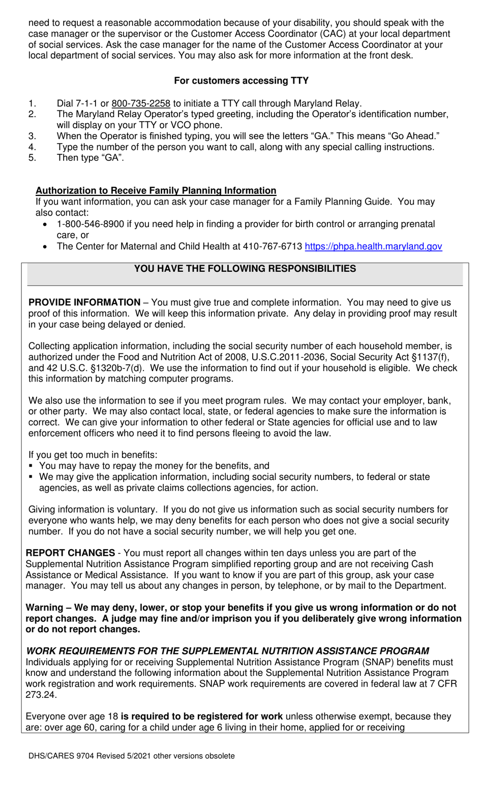 Form DHS / CARES9704 Application for Emergency Assistance - Maryland, Page 4