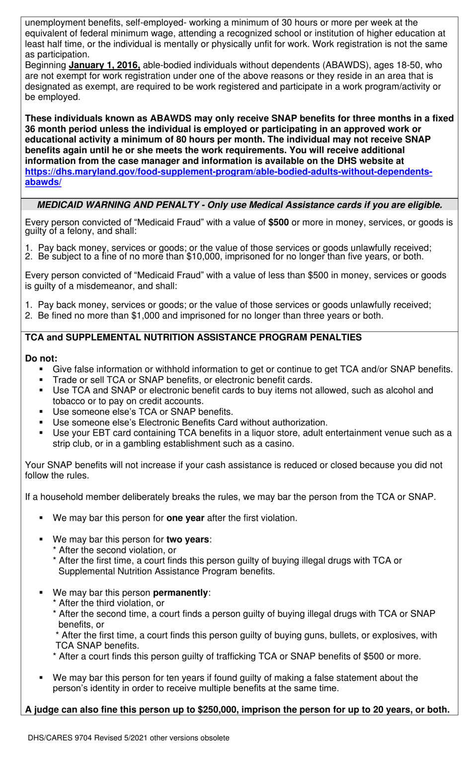 Form DHS / CARES9704 Application for Emergency Assistance - Maryland, Page 5
