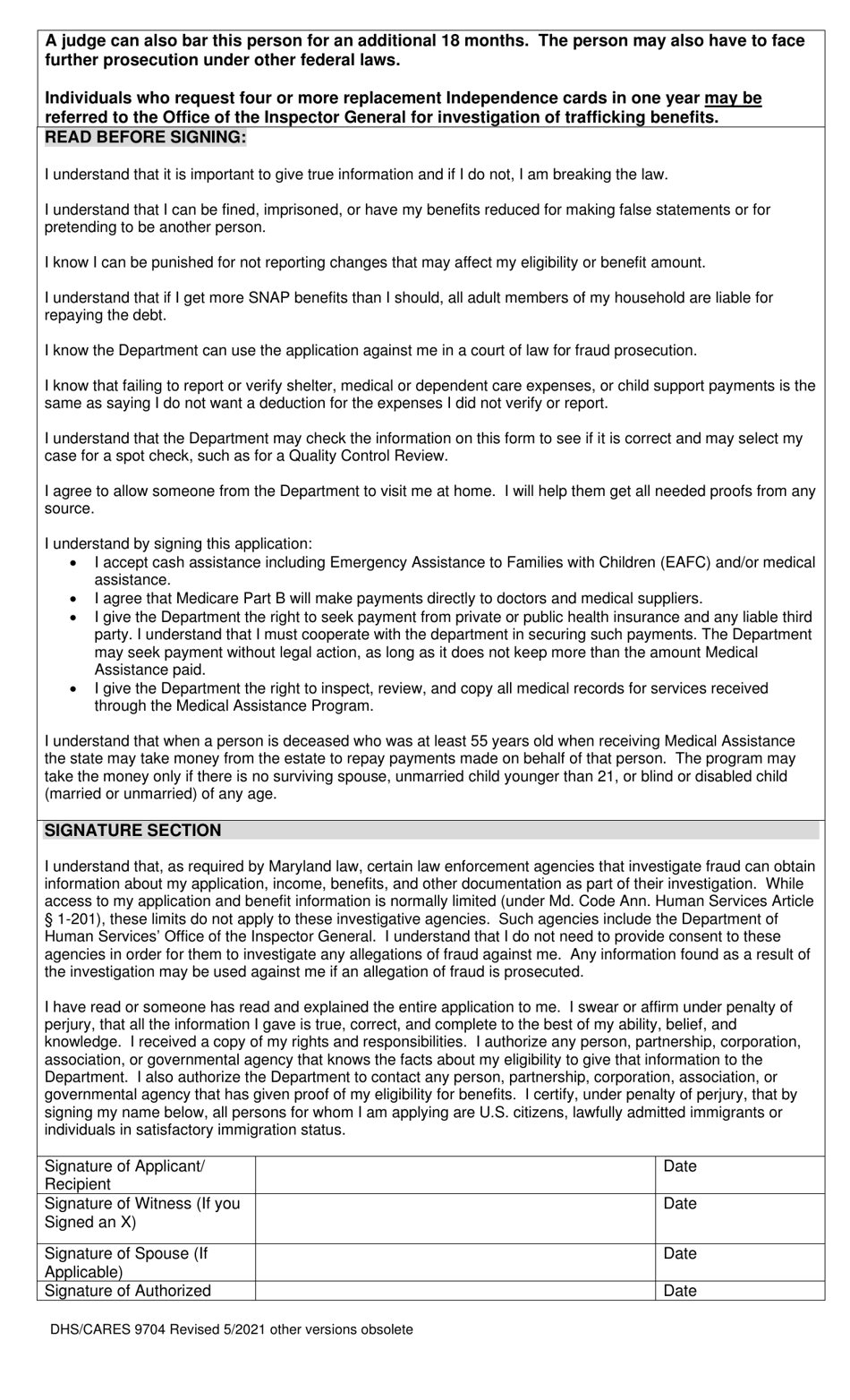 Form DHS / CARES9704 Application for Emergency Assistance - Maryland, Page 6