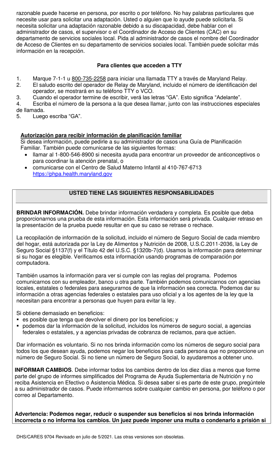 Formulario DHS / CARES9704 Solicitud De Asistencia De Emergencia - Maryland (Spanish), Page 4