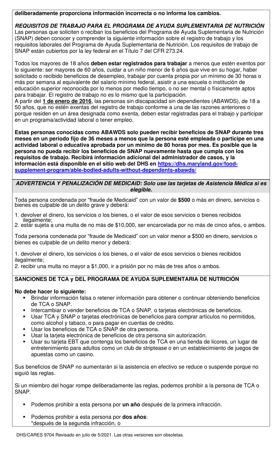 Formulario DHS / CARES9704 Solicitud De Asistencia De Emergencia - Maryland (Spanish), Page 5