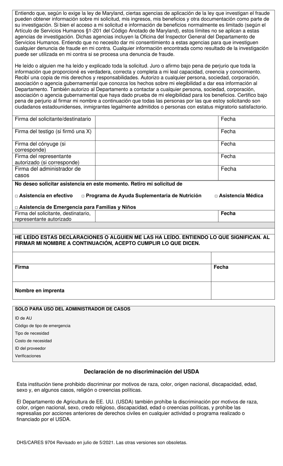 Formulario DHS / CARES9704 Solicitud De Asistencia De Emergencia - Maryland (Spanish), Page 7