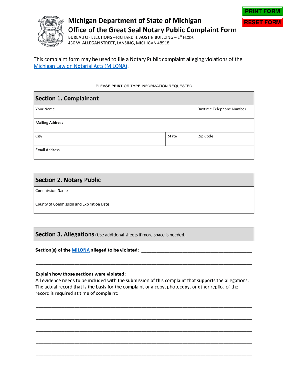 Notary Public Complaint Form - Michigan, Page 1
