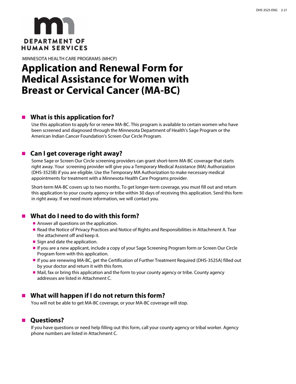 Form DHS-3525-ENG Application and Renewal Form for Medical Assistance for Women With Breast and Cervical Cancer (Ma-Bc) - Minnesota, Page 1