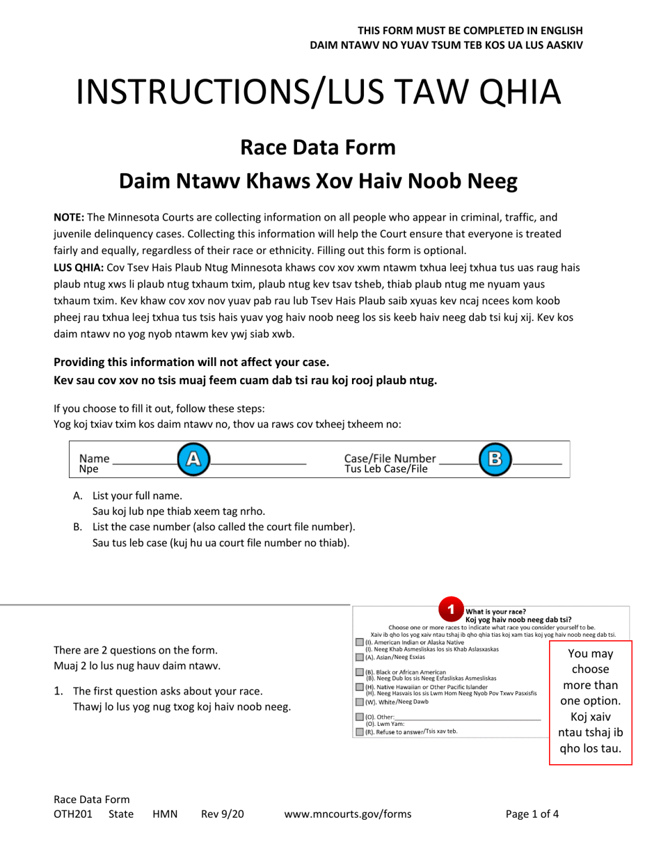 Form OTH201 Race Data Form - Minnesota (English / Hmong), Page 1