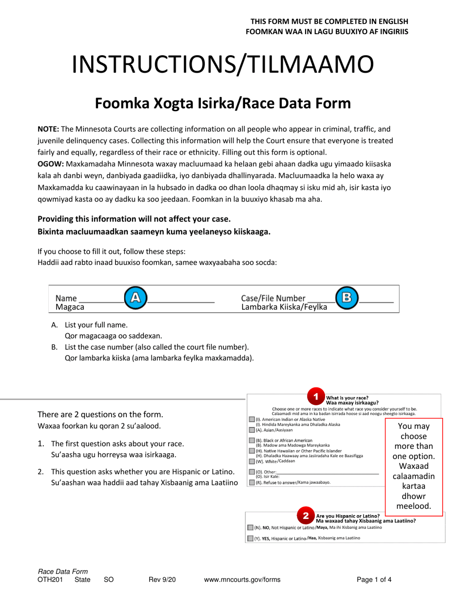 Form OTH201 Race Data Form - Minnesota (English / Somali), Page 1