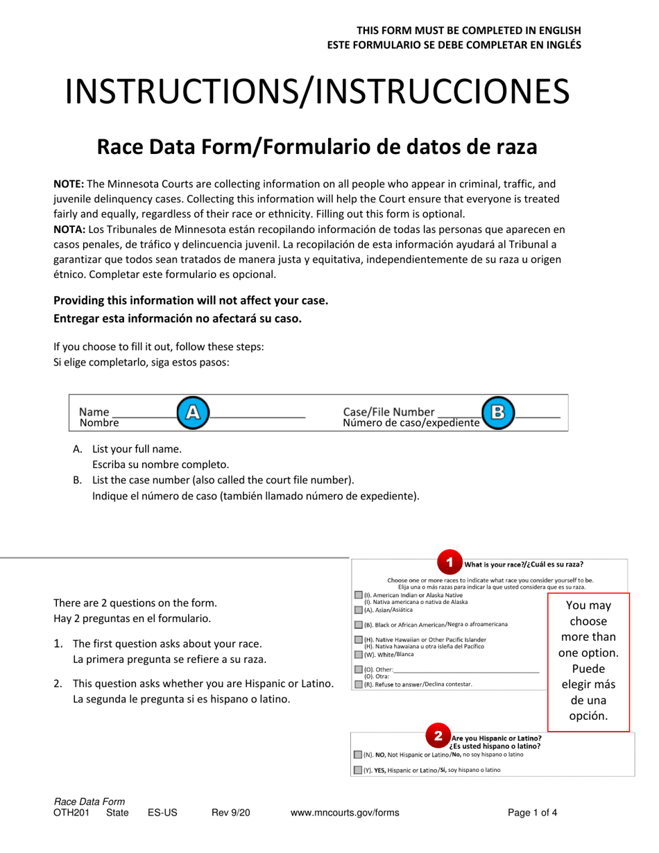 Form OTH201 Race Data Form - Minnesota (English / Spanish), Page 1