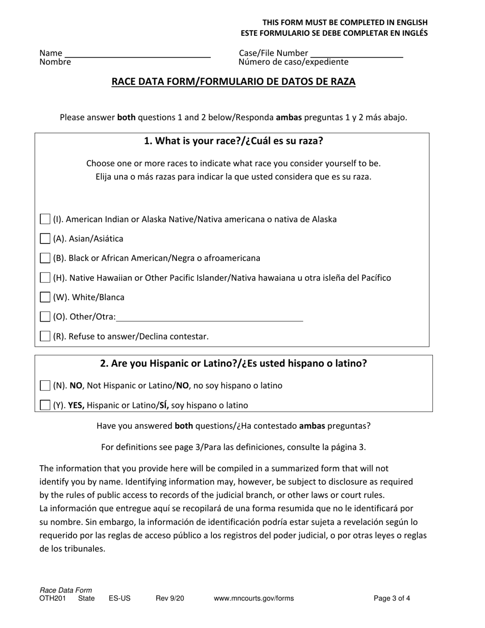 Form OTH201 Race Data Form - Minnesota (English / Spanish), Page 3