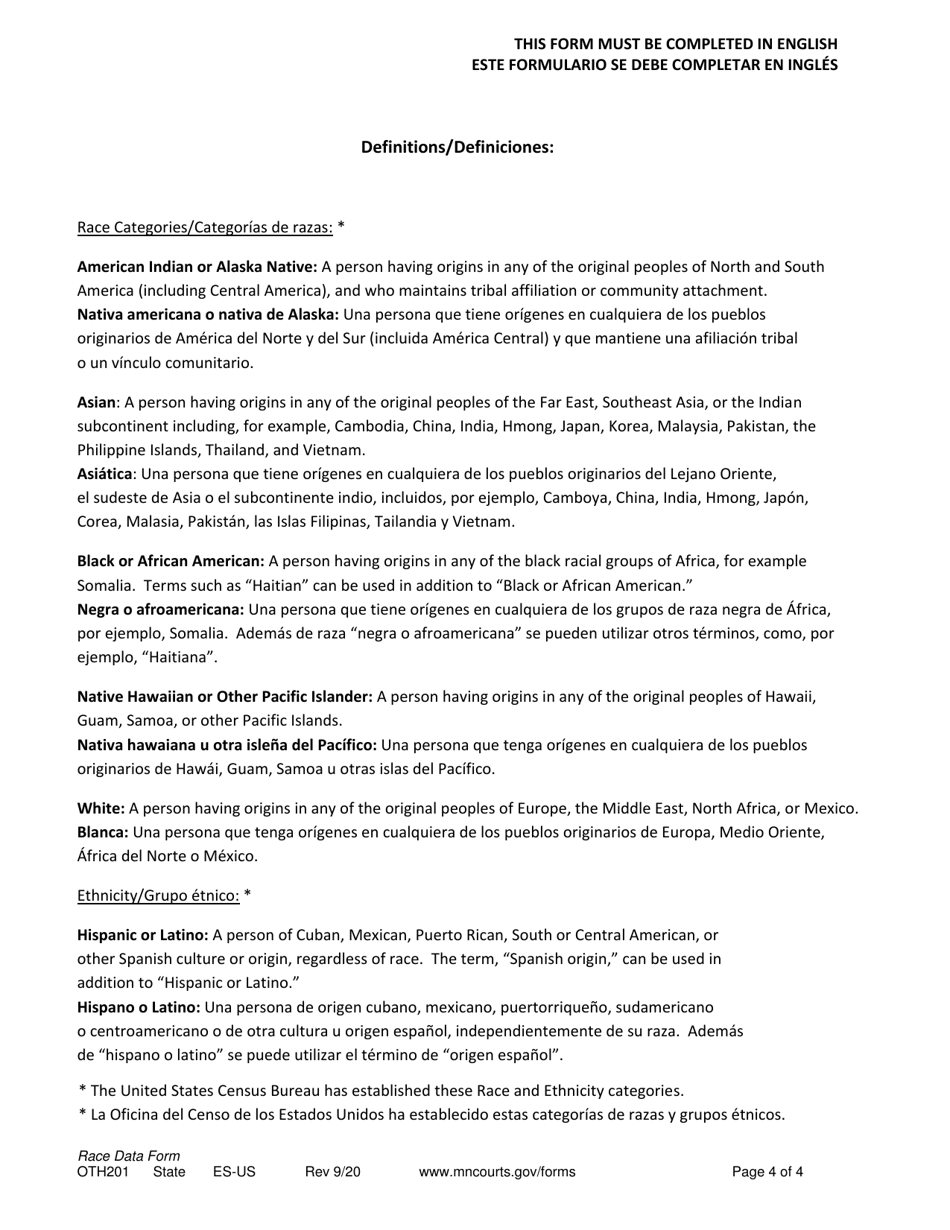 Form OTH201 Race Data Form - Minnesota (English / Spanish), Page 4