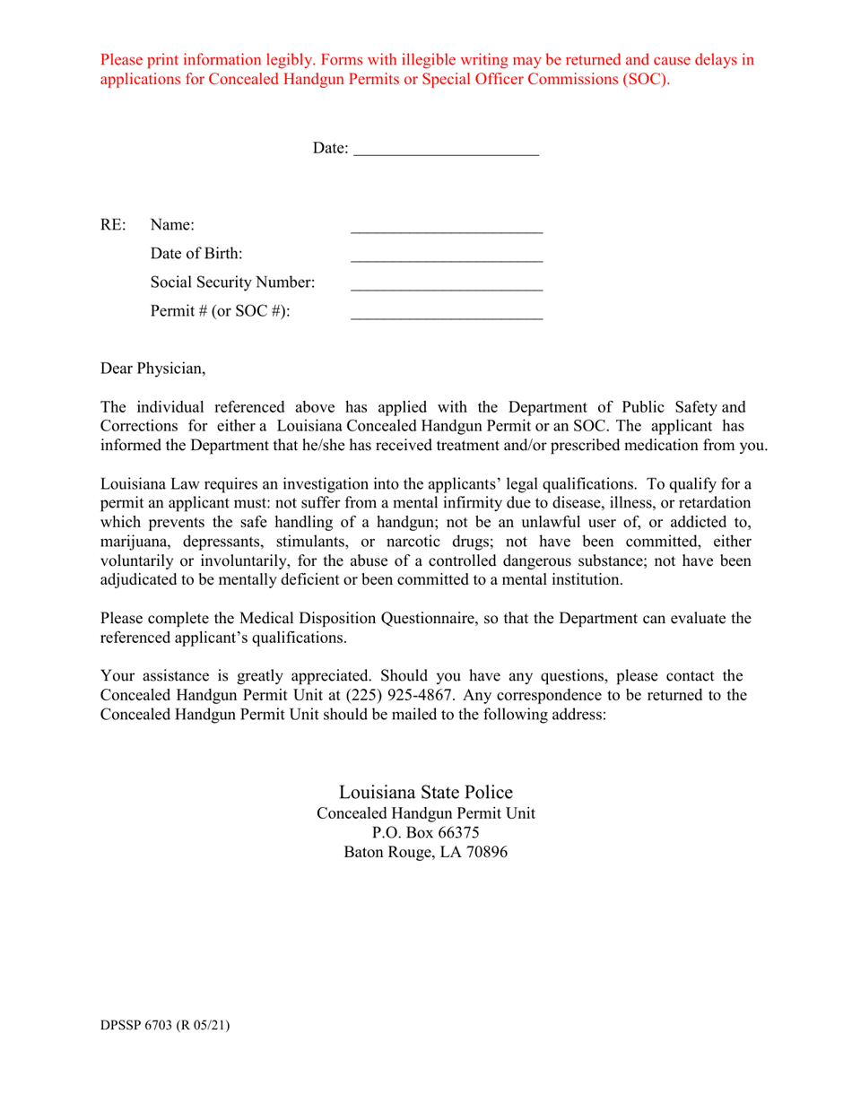 Form DPSSP6703 Medical Summary Form - Louisiana, Page 1