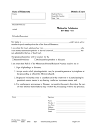 Document preview: Form OTH702 Motion for Admission Pro Hac Vice - Minnesota