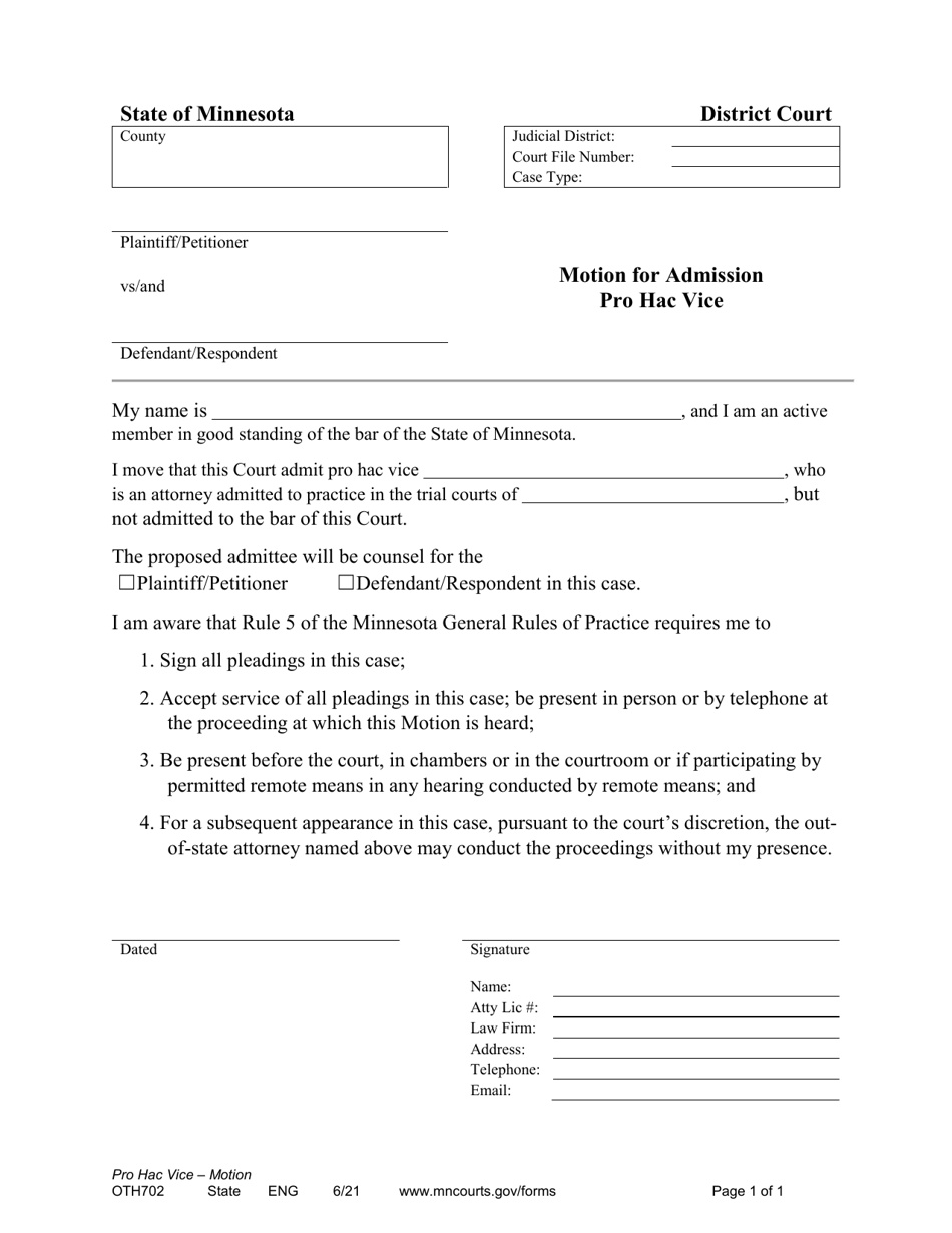 Form OTH702 Motion for Admission Pro Hac Vice - Minnesota, Page 1