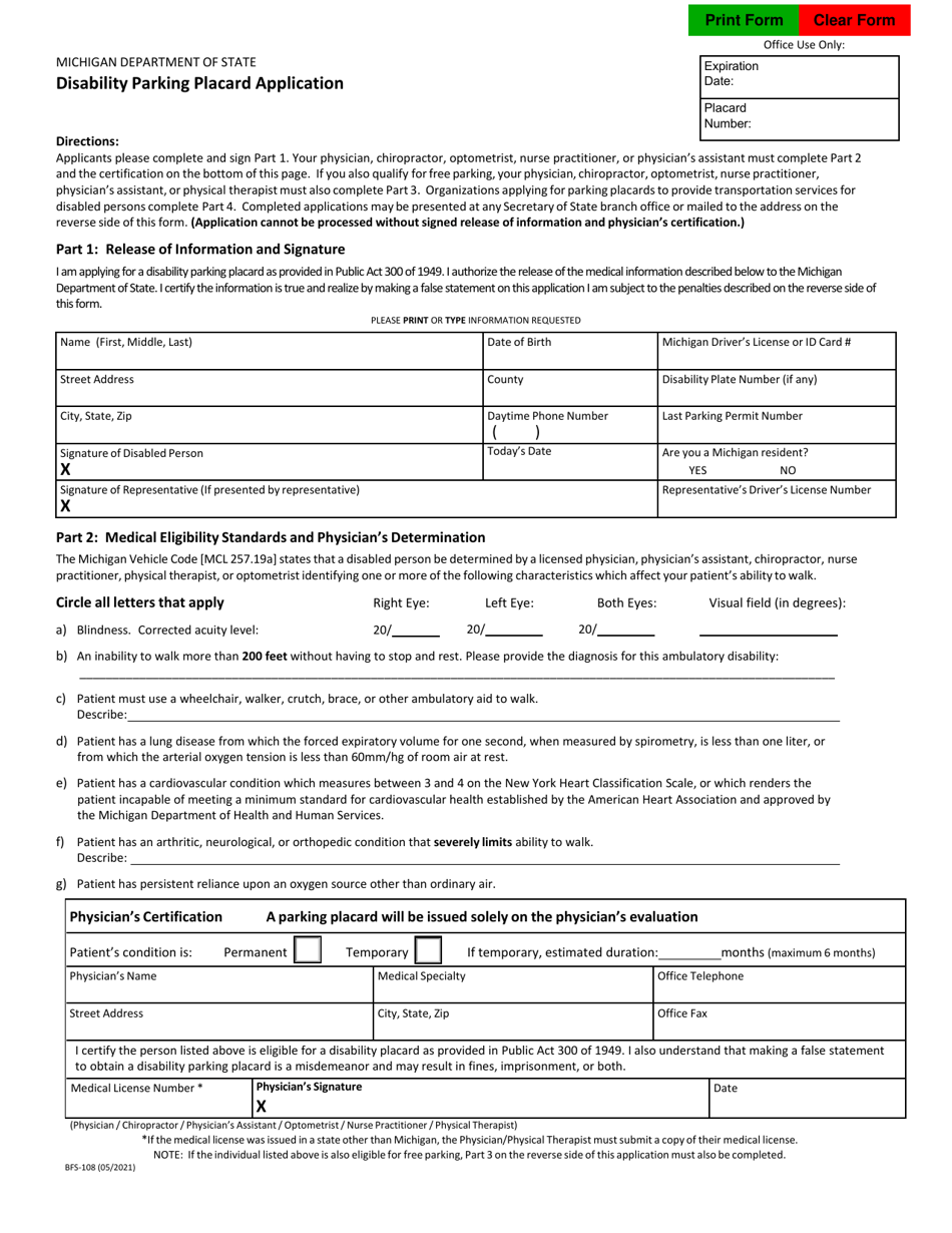 Form BFS-108 Disability Parking Placard Application - Michigan, Page 1
