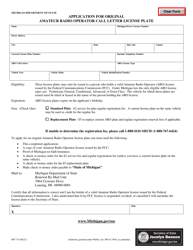 Form MV-74 &quot;Application for Original Amateur Radio Operator Call Letter License Plate&quot; - Michigan