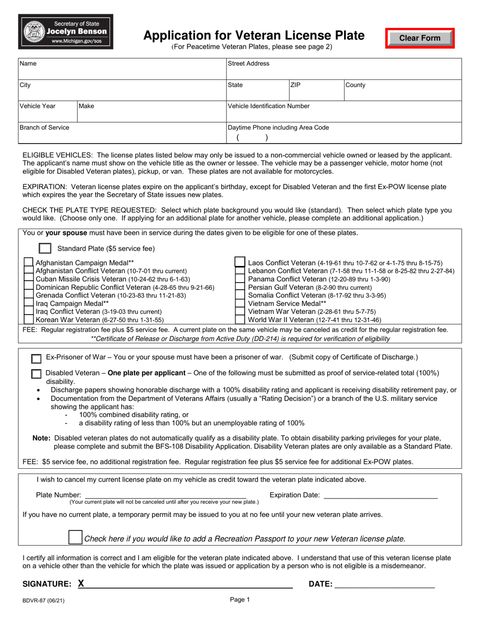 Form BDVR-87 Application for Veteran License Plate - Michigan, Page 1