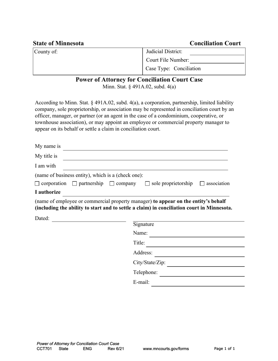 Form CCT701 Power of Attorney for Conciliation Court Case - Minnesota, Page 1