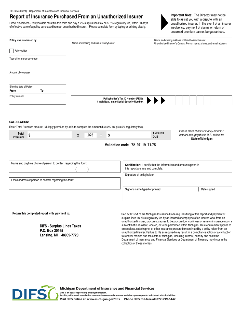 Form FIS0255 Report of Insurance Purchased From an Unauthorized Insurer - Michigan, Page 1
