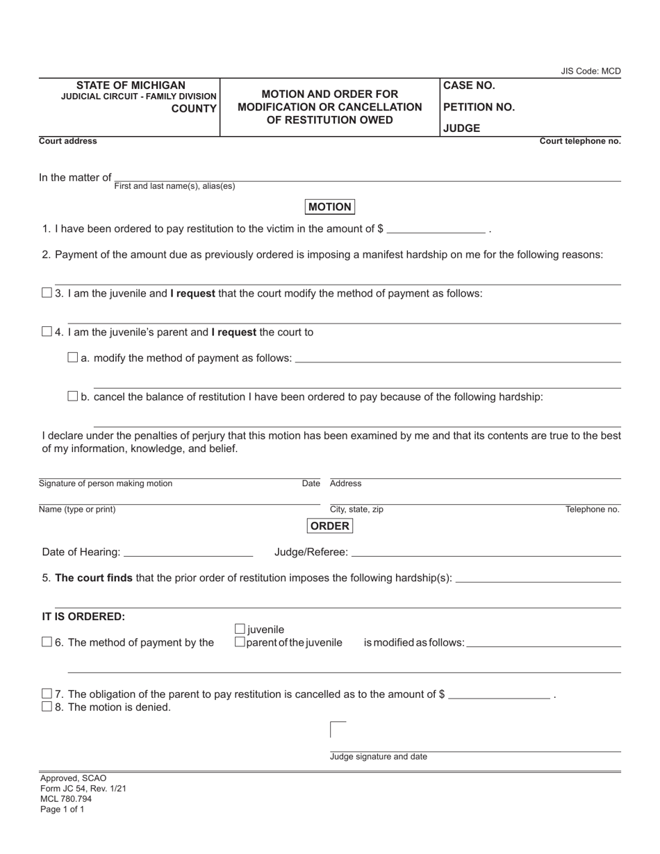 Form JC54 Motion and Order for Modification or Cancellation of Restitution Owed - Michigan, Page 1