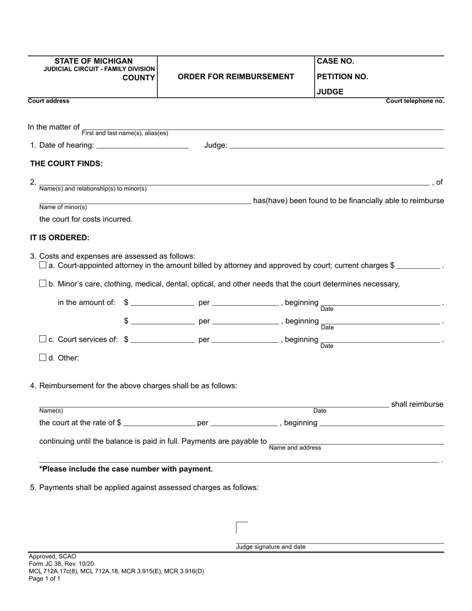 Form JC38 Order for Reimbursement - Michigan, Page 1
