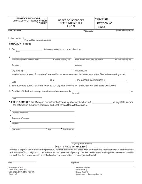 Form JC61 Order to Intercept State Income Tax - Michigan