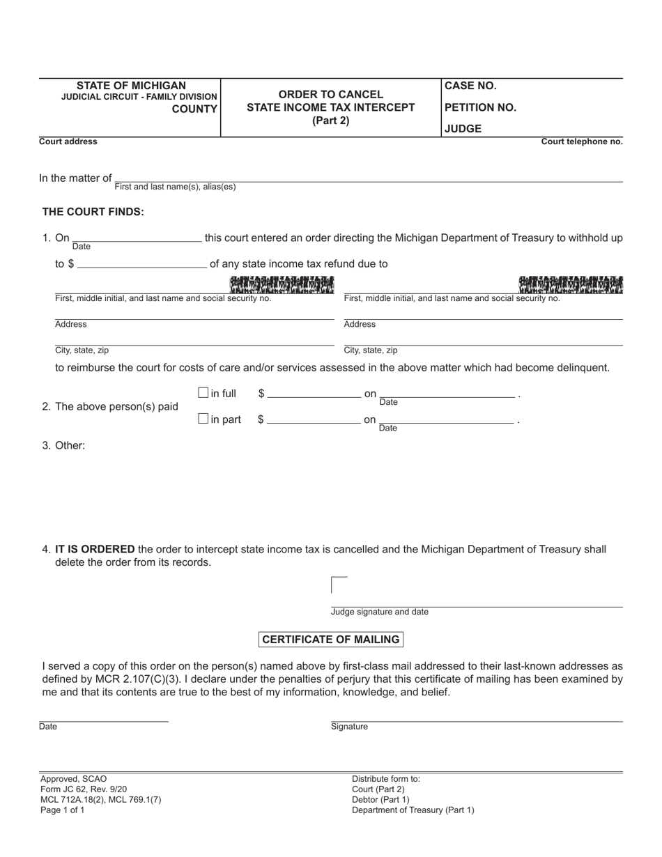 Form JC62 Order to Cancel State Income Tax Intercept - Michigan, Page 2