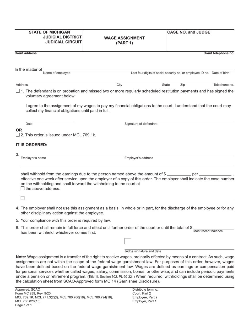 Form MC289 Wage Assignment - Michigan, Page 1