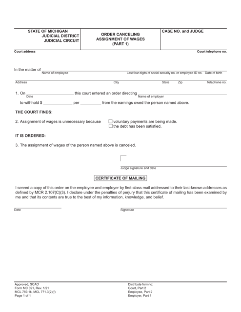 Form MC391 Order Canceling Assignment of Wages - Michigan
