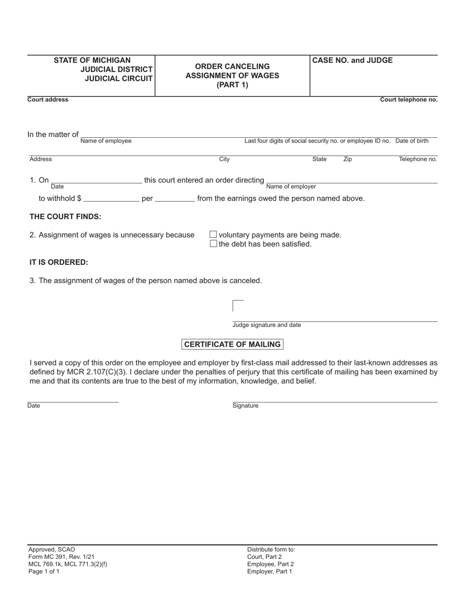 Form MC391 Order Canceling Assignment of Wages - Michigan, Page 1