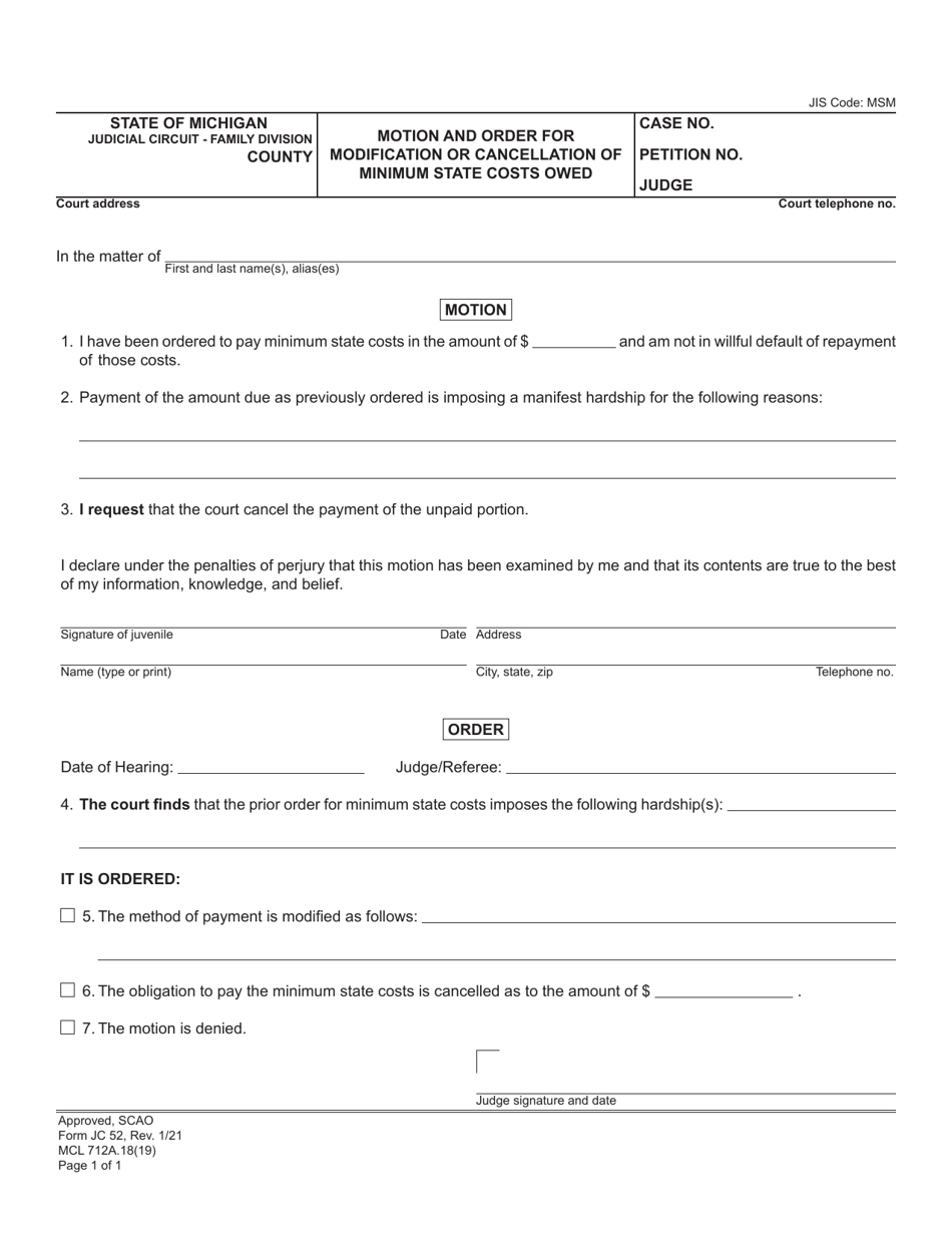Form JC52 Motion and Order for Modification or Cancellation of Minimum State Costs Owed - Michigan, Page 1