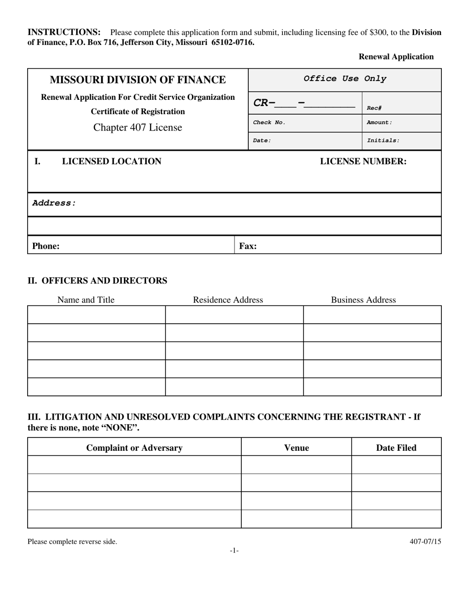 Renewal Application for Credit Service Organization Certificate of Registration - Missouri, Page 1