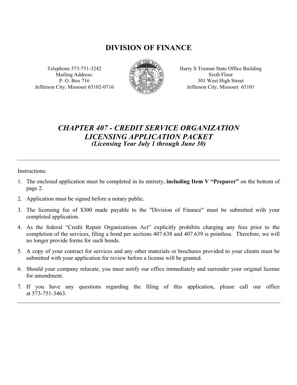 Application for Credit Service Organization - Missouri, Page 1