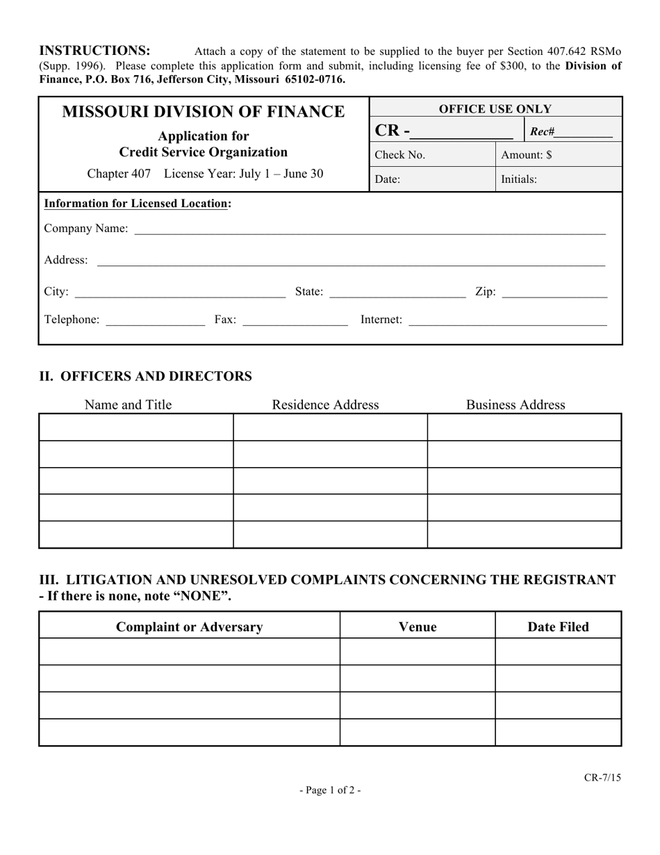 Application for Credit Service Organization - Missouri, Page 2