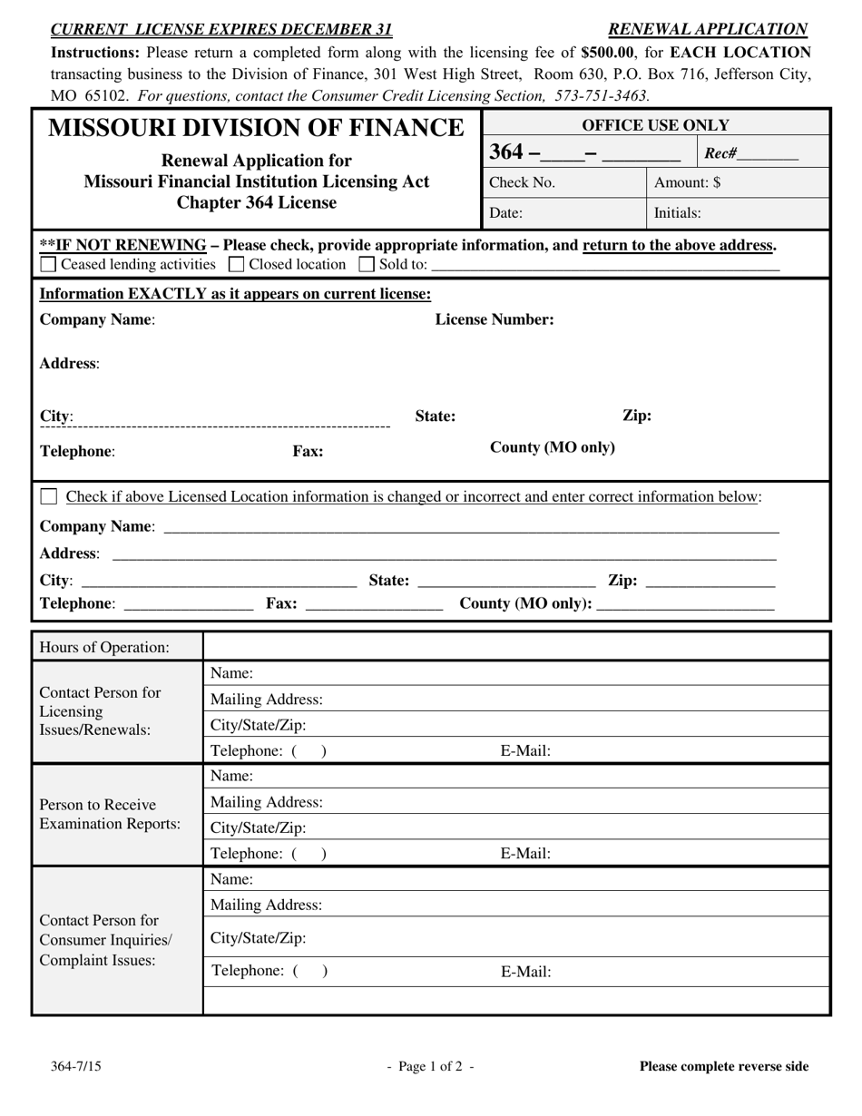 Renewal Application for Missouri Financial Institution Licensing Act - Missouri, Page 1