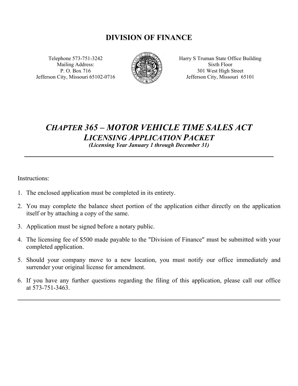 Application for Motor Vehicle Time Sales Act - Missouri, Page 1