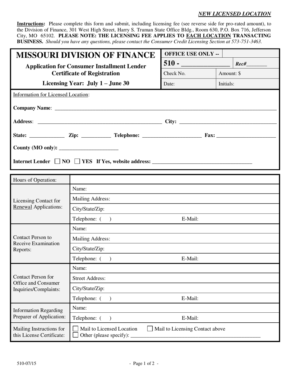 Application for Consumer Installment Lender Certificate of Registration - Missouri, Page 2