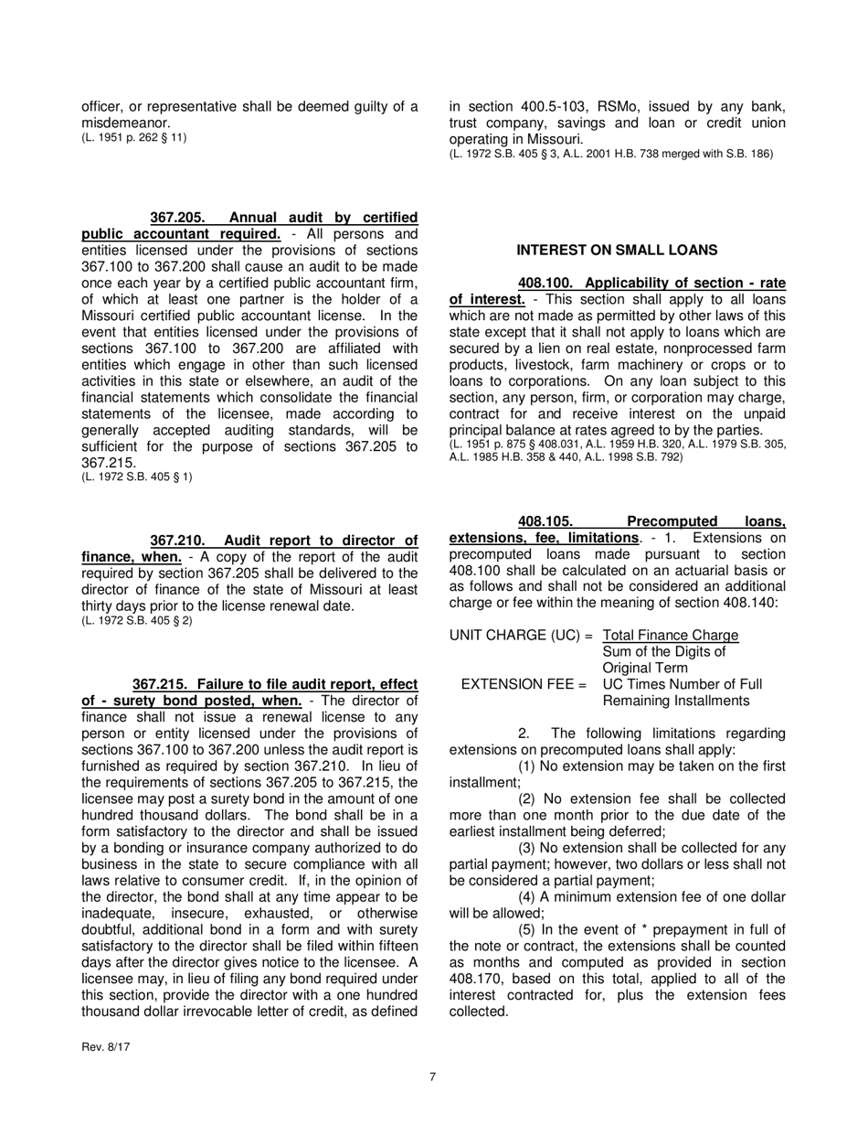 Application for Consumer Installment Lender Certificate of Registration - Missouri, Page 9