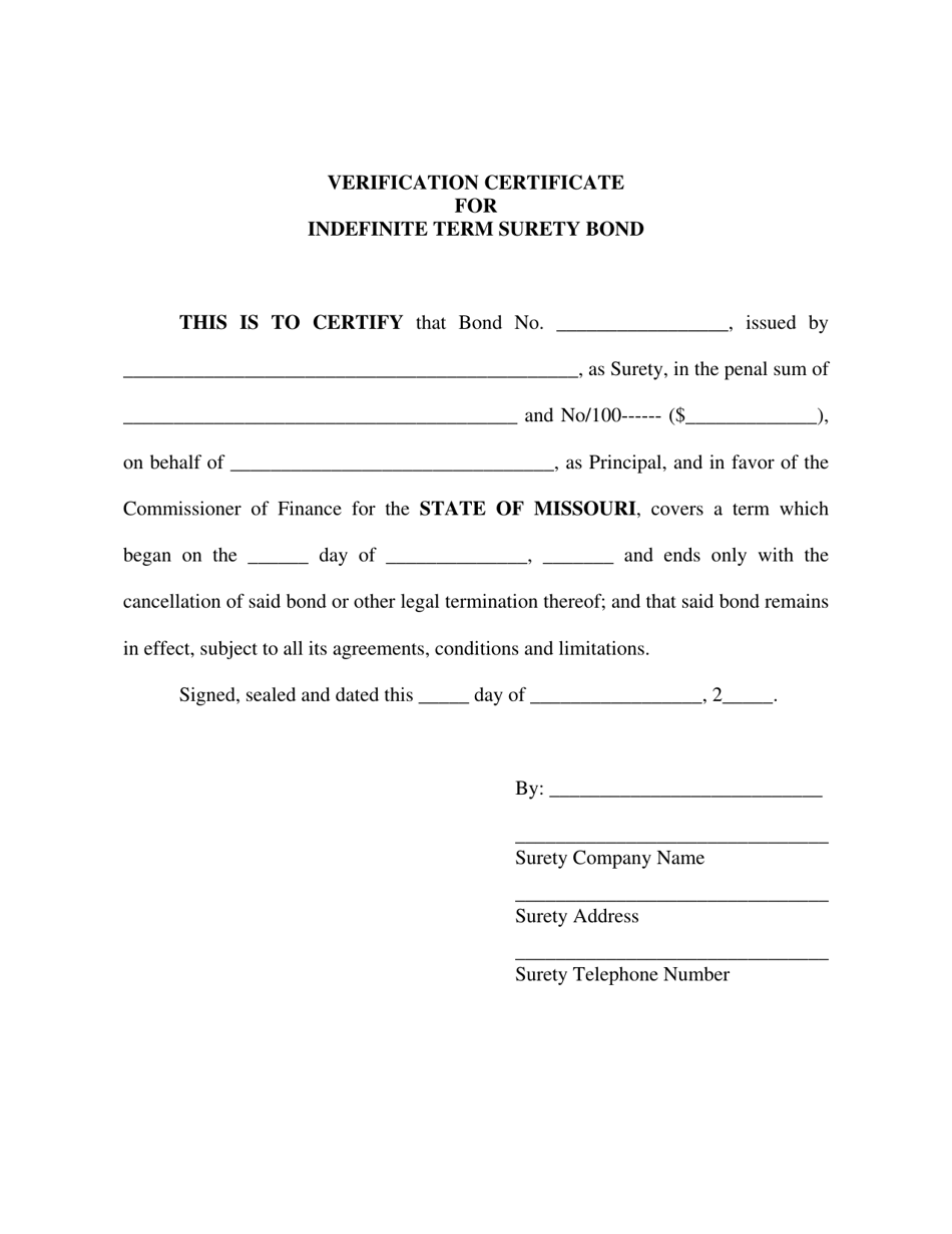 Verification Certificate for Indefinite Term Surety Bond - Missouri, Page 1