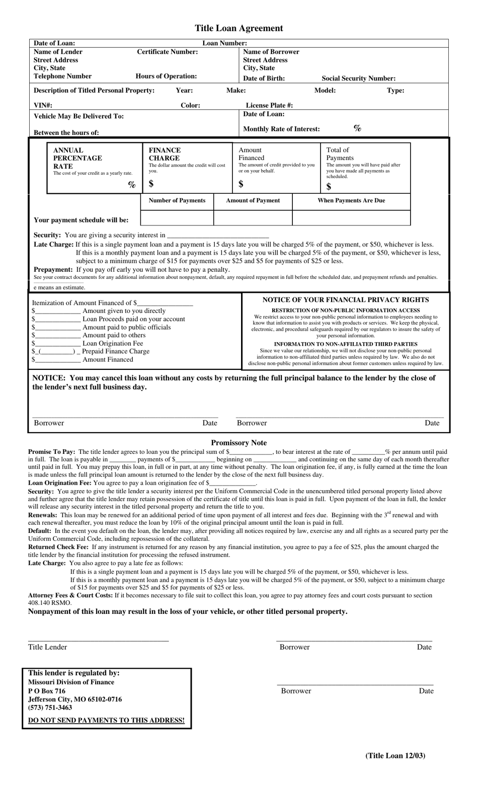 Missouri Title Loan Agreement - Fill Out, Sign Online and Download PDF ...