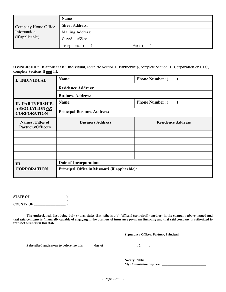 Renewal Application for Premium Finance Company Certificate of Registration - Missouri, Page 2