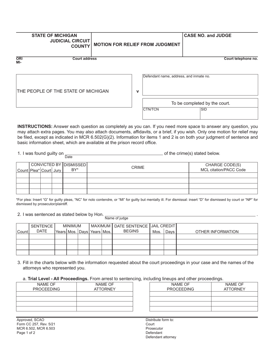 Form CC257 Motion for Relief From Judgment - Michigan, Page 1