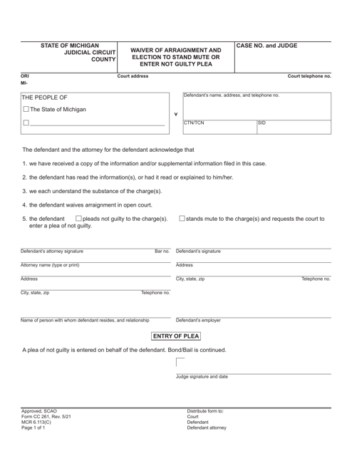 Form CC261 Waiver of Arraignment and Election to Stand Mute or Enter Not Guilty Plea - Michigan