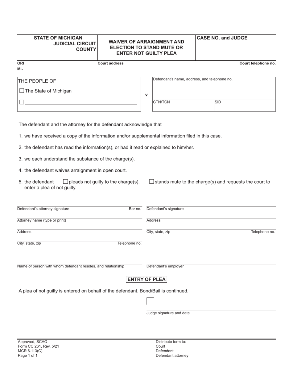 Form CC261 Waiver of Arraignment and Election to Stand Mute or Enter Not Guilty Plea - Michigan, Page 1