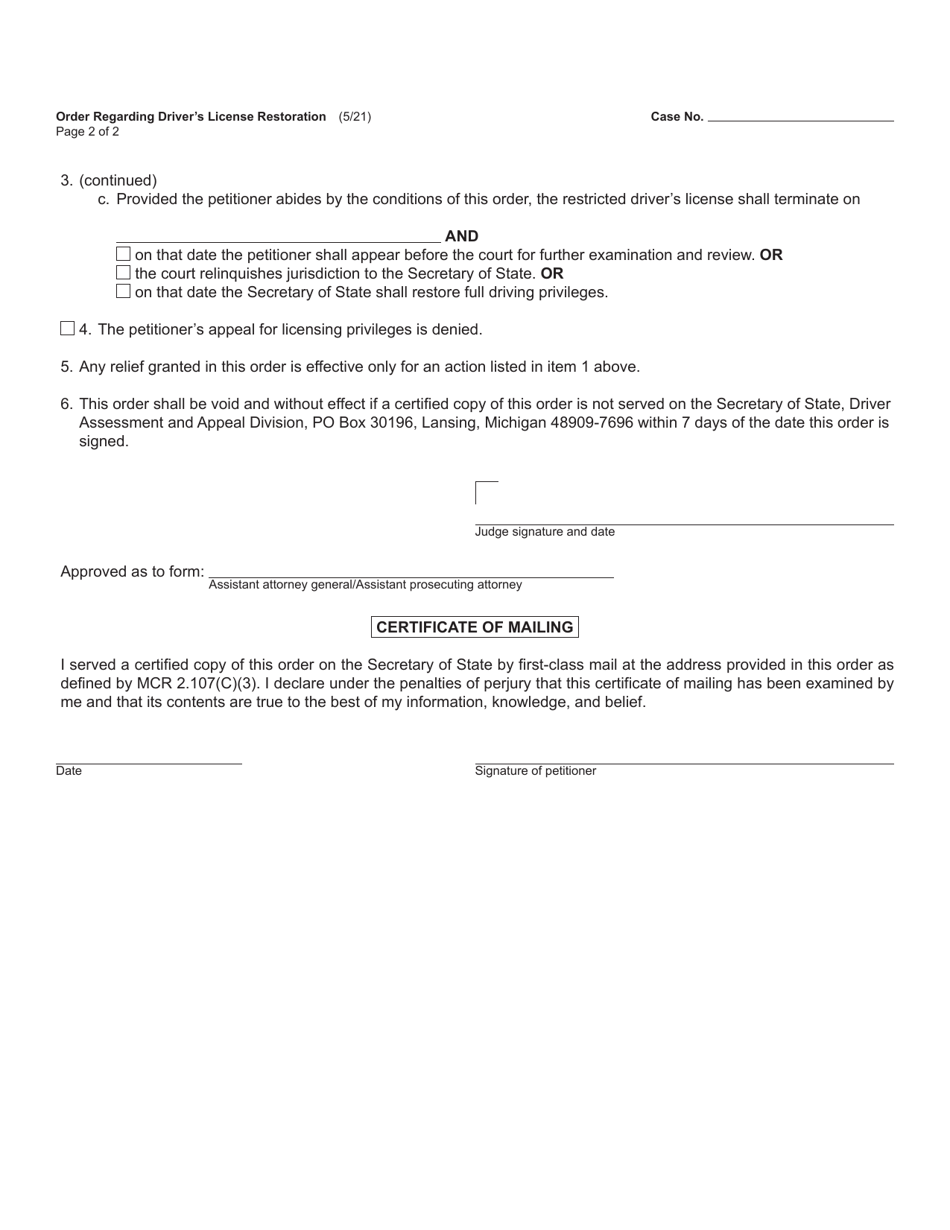 Form CC268 Order Regarding Drivers License Restoration - Michigan, Page 2